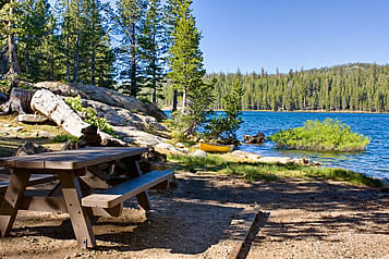 Lower Blue Lake with table and canoe